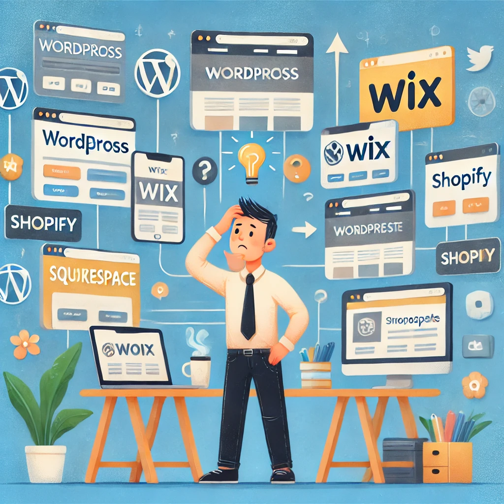 DALL·E 2024-09-14 14.44.18 - A creative and humorous illustration showing a business owner, overwhelmed but thoughtful, standing in front of multiple website platform options like